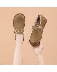 Daphne Autumn/Winter Fleece-Lined Birkenstock Shoes for Women, Warm Fuzzy Slip-On Flat Genuine Leather Driving Shoes, Khaki, Size 36