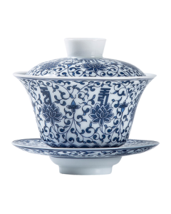 Gold-Inlaid Jade Covered Bowl Tea Set, Three-Talent Kungfu Tea, Blue and White Porcelain, Mutton Fat White Porcelain, Thin-Walled Tea Bowl, Blue and White Early Summer, 120ml