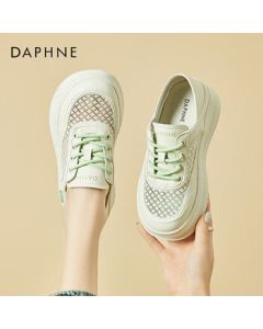 Daphne Women's Casual Shoes Genuine Leather Mesh Breathable White Sneakers Thick Sole Platform Shoes 4023101311 White-Green 35