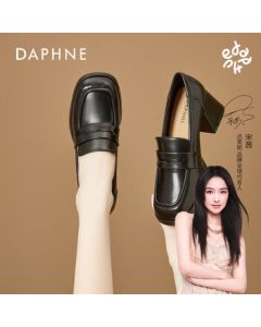 Daphne Women's High-Heel Loafers, New Retro British Style Professional Work Slip-On Leather Shoes for Spring and Autumn, Black, Size 36