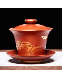 Zunhu Purple Clay Lidded Tea Cup Gongfu Tea Set Sancai Lidded Bowl, Dahongpao with Golden Crane Design, Cloud Crane Lidded Bowl for Mid-Autumn Festival
