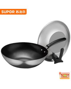 SUPOR Cast Iron Stainless Wok Non-Stick Frying Pan with Lid 32CM FC32Z9 + Kitchen Wet Wipes (1 Pack)