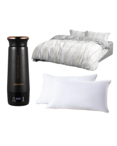 Daewoo Home Appliance & Textile Combo - Portable Electric Heating Cup D6 + 4-Piece Set + Spring Sleep Pillow Pair