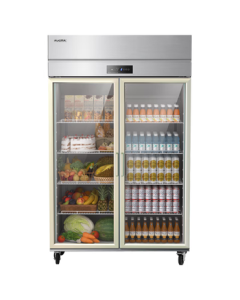 Aucma 940L Two-Door Freshness Showcase Refrigerator, Vertical Double-Door Commercial Beverage Display Freezer for Vegetables and Fruits, Pure Copper Tube, 201 Stainless Steel VC-917XJ