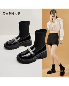 DAPHNE Women's Sock Boots High Heel Mary Jane Shoes, Thick Sole British Style JK Shoes, Black, Size 36 Standard