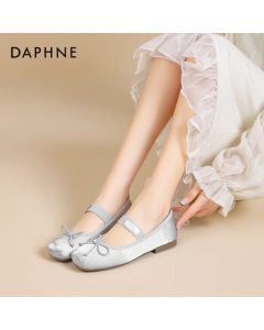 Daphne Silver Shallow Women's Flats for Autumn, Square-Toe Soft-Soled Bow French Mary Jane Shoes, Silver, Size 36