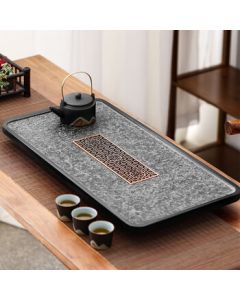 BOWAY Obsidian Stone Tea Tray with Tea Coaster, Whole Piece Natural Stone Tea Tray for Gongfu Tea Table (Tea Set Not Included), Wolongyin 60x30