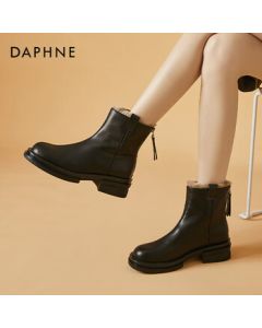 DAPHNE British Style Slimming Fleece Fashion Boots for Women, Round Toe Slim Boots with Small Appearance, Thick Sole Chunky Heel Ankle Boots, Thick Fleece Black, Size 40