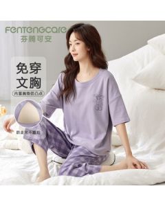 FENTENGCARE Women's Pajamas Summer Round Neck Short Sleeve Top with Built-in Bra and Cropped Pants Casual Wearable Home Outfit Q3