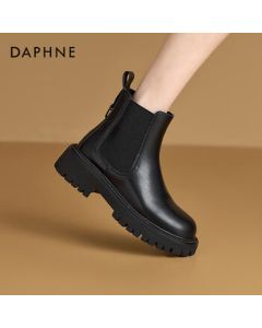 DAPHNE Fashion Chunky Heel Mid-Calf Chelsea Boots for Women, Winter Lined British Versatile Ankle Boots, Lined Black, Size 39