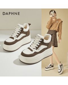 Daphne Platform Sneakers for Women - Winter Warm Fleece-Lined Casual Shoes with Thick Sole, Height-Increasing Panda-Inspired Black & White Design, Beige-Brown, Size 36