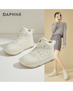 Daphne Platform Panda Sneakers for Women - Winter Fleece-Lined High-Top Casual Shoes in Beige, Size 37