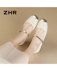 ZHR Women's Shoes Retro Genuine Leather Flat Mary Jane Shoes Elegant Low-Cut Women AH399 Beige Gold 38