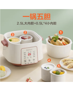 SUPOR Electric Stew Pot, Double-Layer Steamer, Soup Pot, Slow Cooker, Bird's Nest Steamer, Porridge Maker, Ceramic Soup Pot, Model DZ25YC828, 2.5L