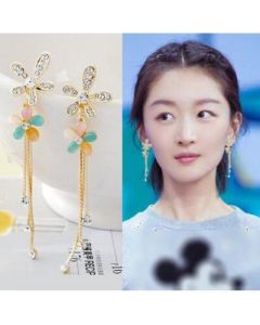 Earrings, long tassel pearls, gold, white