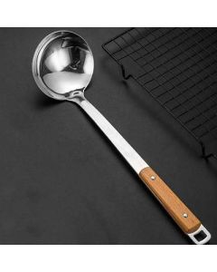 Stainless steel soup spoon with 2 nails on wooden handle