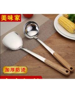 Stainless steel stir-fry soup spoon with wooden handle