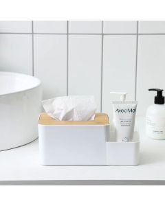 Paper towel storage box Wooden lid on the tabletop