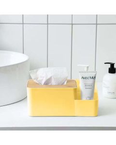 Paper towel storage box Wooden lid on the tabletop