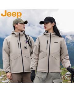 JEEP Men's Windproof Waterproof Durable Hooded Jacket, Spring/Autumn Couple's Style, Beige Grey XL