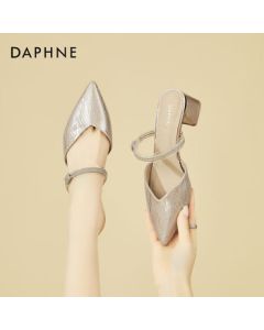 Daphne Chunky Heel Mid-Heel Peep-Toe Mule Sandals for Women, Summer Casual Simple Elegant Versatile Rhinestone Slide Sandals in Champagne, Size 40