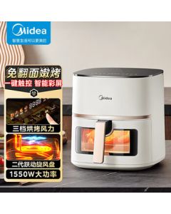 Midea Air Fryer, 5L Large Capacity for Home Use, Transparent View Window, No Need to Flip, Metal Inner Chamber, Steam Tender Fry, Multi-function with 3-speed Wind Control Baking, Model MF-KZC5089