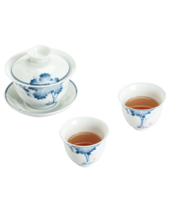 Su's Ceramic Three-Talent Covered Bowl Hand-Painted Blue and White Porcelain Thin-Walled Kungfu Tea Set with Two Cups Gift Box