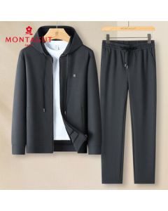 MONTAGUT Men's Spring/Autumn Two-Piece Set Hooded Jacket Wool & Silk Casual Sweatpants Fashion Outfit Grey 2XL