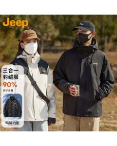 JEEP Down Jacket for Men and Women, Winter 3-in-1 Windbreaker Coat, Warm Outerwear, Black, XL