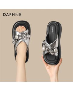 Daphne Platform Sandals for Women, Spring New Arrival, Trendy Chain Design Casual Slide Sandals 4024303322, Silver, 38