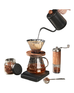 PAKCHOICE Pour Over Coffee Maker Set with Manual Coffee Grinder and Walnut Stand, Home Coffee Brewing Kit