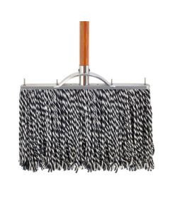 Yimeide Old-Fashioned Flat Mop with Cotton Thread, Dust-Push Mop with Wooden Handle, Blue and White Thread 40cm (Reinforced Iron Head)