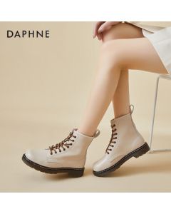 DAPHNE Women's Martin Boots, Chun-Qiu Style Thick-Soled Lace-Up Versatile British Ankle Boots, Beige 2.5cm, Size 37