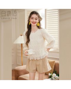 Bailuyu Round Neck Fashion Shirring Technique Blouse 2025 Autumn New Ruffled Hem Long Sleeve Top Women Beige S