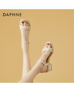 DAPHNE Women's Sandals Summer Chunky Heel Fairy Style with Dress One-Strap Roman Shoes Beige Heel Height 4.2cm Size 39 Standard