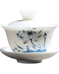 MULTIPOTENT Kung Fu Tea Set San Cai Lidded Bowl Blue Lotus Hand-Painted Thin-Wall Porcelain Gift Box Set Mid-Autumn Festival Gift