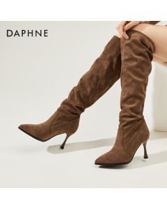 DAPHNE French-style Stacked Boots for Women, Pointed Toe Stiletto High Heel Long Boots, Slimming Fashion Versatile Women's Boots, Brown, Size 40