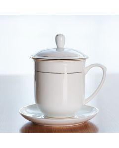 Kangfutao Ceramic White Water Cup with Lid, Office and Conference Cup for Senior Cadres, Gold-Trimmed Conference Cup with Saucer