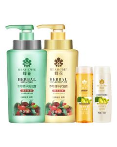 Bee & Flower Herbal Essence Hair Care Set (1L*2 Moisturizing Smooth Shampoo & Conditioner + 100ml*2 Travel Size)