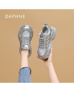 DAPHNE Daphne Platform Chunky Sneakers for Women, Solid Color White Casual Shoes, Silver Size 37