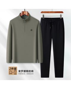 MONTAGUT Men's Stand-Up Collar Hoodie & Jogger Two-Piece Set for Spring and Autumn, Outdoor Sports Suit, Grey Green + Black, L