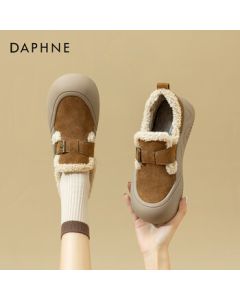 Daphne Platform Birkenstock Shoes for Women, Winter Fleece-Lined Snow Boots, Retro Versatile Buckle Strap Casual Cotton Shoes, Brown, Size 37