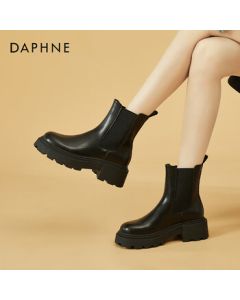 DAPHNE Chelsea Boots for Women with Thick Sole, Fleece-Lined, Elastic Ankle Boots, British Style Short Boots - Fleece-Lined Black, Size 39