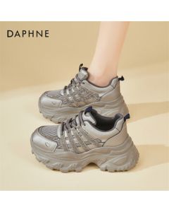 DAPHNE Platform Sneakers for Women - Mesh Casual Shoes with Thick Sole, Fashionable Chunky Dad Shoes for Petite Height Boost, Grey, Size 38