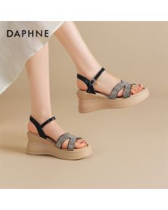 Daphne Platform Wedge Sandals Women's Summer New Roman Sandals Rhinestone Beach Shoes 4025303139 Black 36
