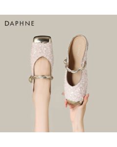 Daphne Women's Slippers Small Chanel Style Peep-Toe Mules Square-Toe Shoes 4024303099 Beige 36