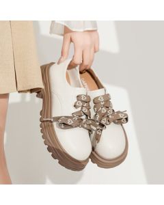 Daphne Platform Loafers for Women 2024 Spring White British Style Leather Shoes for Women Single Shoes to Match Skirts, Beige, Size 38