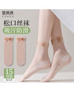 Cotton Full Summer Thin Women's Loose Lace Socks with Fleece-Lined Anti-Slip Breathable Cool Mid-Calf Socks 15 Pairs tt