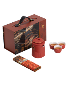 SUSHI CERAMICS Chinese Style Imperial Red Travel Tea Set - Palace Harvest Collection (1 Teapot, 3 Cups with Tea Towel) Kung Fu Tea Set Gift Box for Mid-Autumn Festival