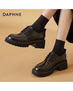 Daphne Women's Loafers New Spring British Style Platform Lace-Up Leather Shoes Versatile Women's Shoes Black 36